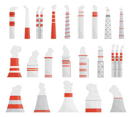 Factory building. Manufacturing pipe pollution industrial factory large construction. Industrial chimney pollution, factory pipes set