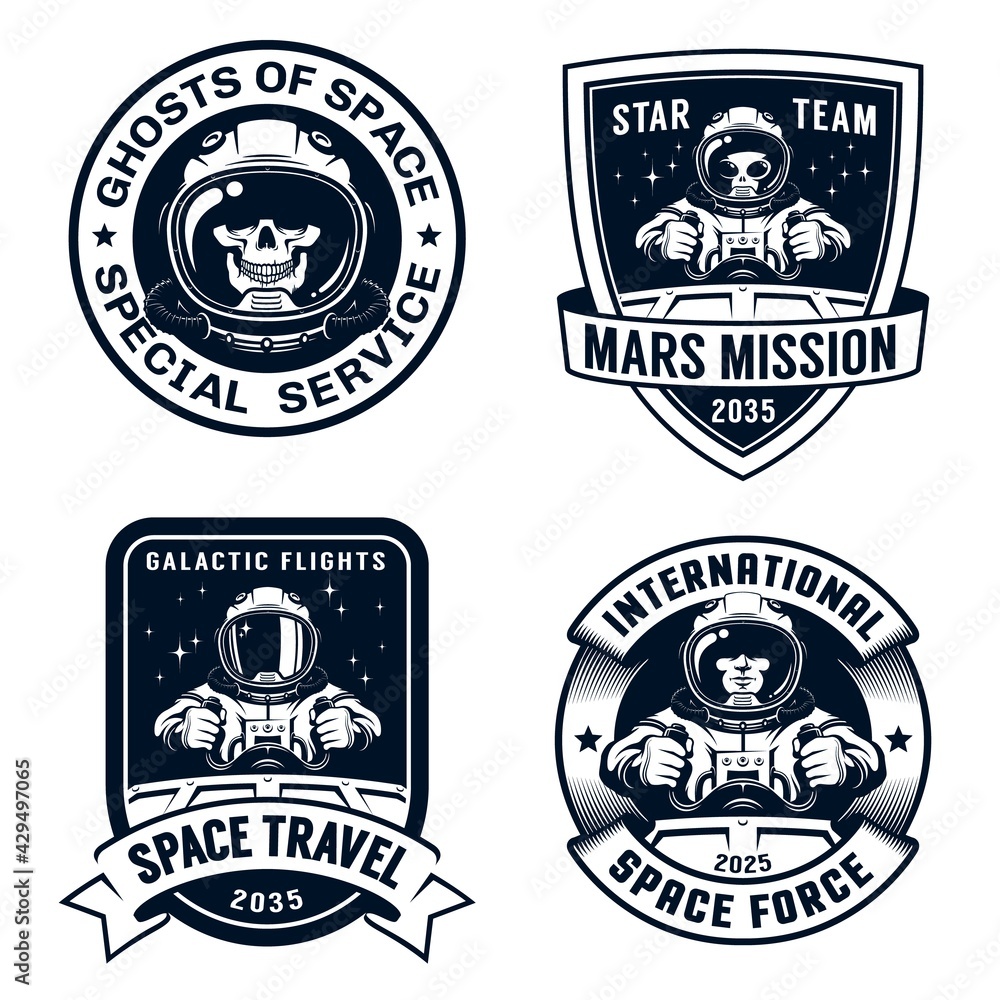 Wall mural space badge set with spaceship pilot and alien. astronaut academy vintage logo with spaceman. vector