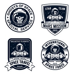 Space badge set with spaceship pilot and alien. Astronaut academy vintage logo with spaceman. Vector illustration.