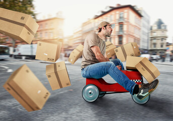 Courier drive fast with a toy car. Concept of fast and express delivery. Cyan background