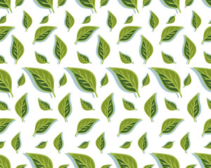 seamless pattern with green leaves on a white background, simple laconic background with plants, stylized vector graphics