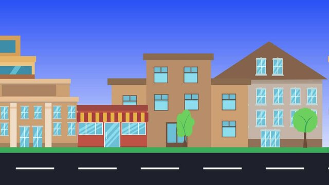flat animation of city background, front view of modern architectural buildings and road 