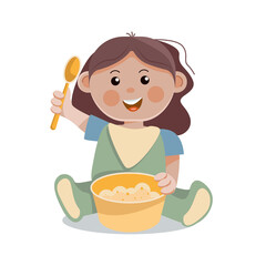 A little girl with a spoon eats porridge.