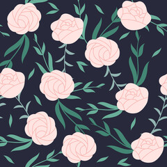 Floral seamless pattern. White roses and green plants on dark background.