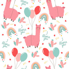 Cute llama seamless pattern. Alpaca flying on toy balloon, pastel rainbow and cactus. Childish background. Textile or wrappind paper for children. Baby shower party concept.