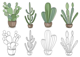 Collection of cacti. Indoor potted plant in modern trendy single line style. Graphic resource. Solid line, outline for decor, posters, stickers, logo. Set of vector illustrations.