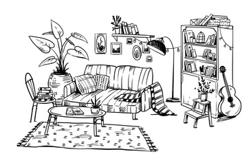 line drawing of a cozy living room, vector hand drawn line sketch - 429499264