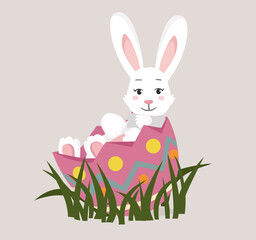 Flat style illustration. Easter rabbit sitting in the colored egg. There is grass in the background behind a bunny. 