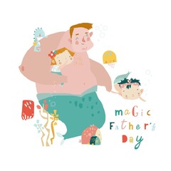 Big Father Triton walking with little daughters Mermaids