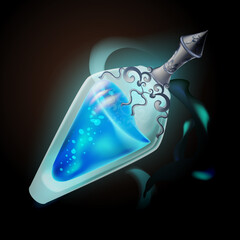 Fantastic game of activating potion, elixir or poison icon magic transparent bottle with light blue turquoise liquid.