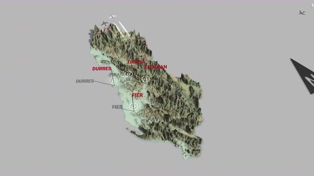 Seamless looping animation of the 3d terrain map of Albania with the capital and the biggest cites in 4K resolution
