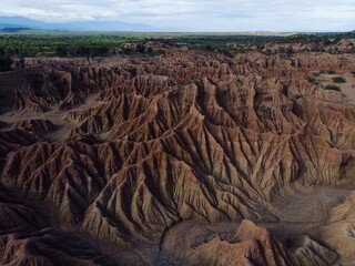 Aerial panorama of Tatacoa desert tropical dry red sand stone labyrinth in Villavieja Neiva Huila...