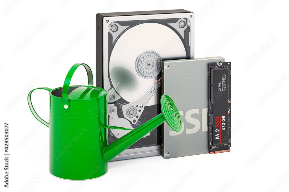 Poster cryptocurrency farming on hdd and ssd devices concept. watering can with hard disk drives, 3d render
