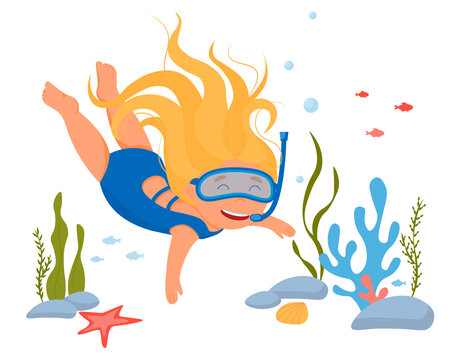 A cute little girl in a red swimsuit and a snorkeling mask swims in the ocean. The red-haired girl swims underwater. Vector illustration of the sea world and diving.