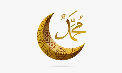 Obraz na płótnie Canvas vector illuatration calligraphy Prophet Muhammad with crescent moon. gold color.