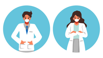 Cute Cartoon Male and Female Doctors Wearing mask character flat isolate lifestyle vector 