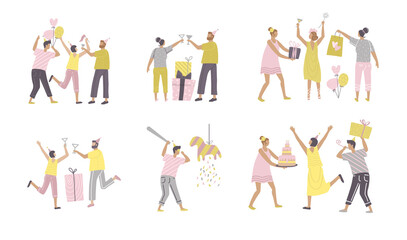 Set funny people characters in birthday party scenes. Women and men pack have fun and give gifts. People celebrating. Flat hand drawn vector illustration.