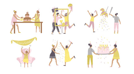 Party scenes set with happy people characters. Friends drinking and having fun together, congratulating and presenting gifts situations. Birthday party. Hand drawn flat vector illustration.