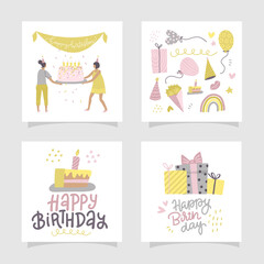 Happy birthday greeting card or party invitation set. Square concept. Hand dawn flat cartoon vector illustration with writen lettering text.