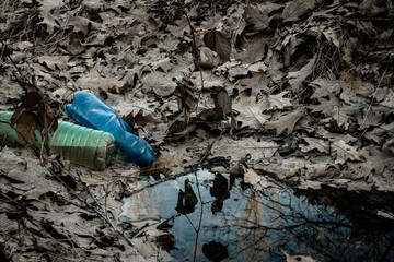 Environment and plastic garbage in woodland. Rubbish trash, waste in forest. Ecological problem with Empty used bottles of big city.