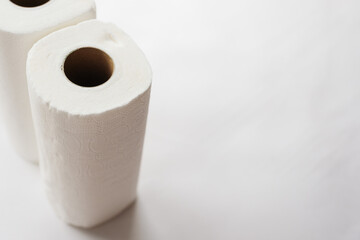 rolls of paper towels, napkins on a white background. White on white, pulp, paper, hygiene. The concept of conscious consumption, sustainable lifestyle. High quality photo