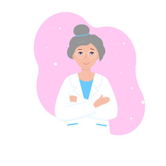 Expirienced old doctor woman smiling in a doctor's gown. Flat vector stock illustration