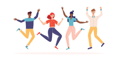 Fototapeta na wymiar Happy people jumping set. Diverse group of joyful people with raised hands jumping together. Positive and laughing men and women. Young funny teens guys and girls jumping together. Flat illustration