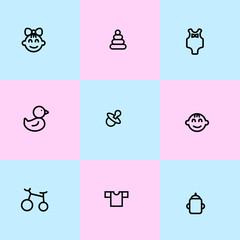 Set of outline icons for baby nursery. Child's goods store, icons for shop. Vector stock illustration for card or poster