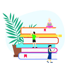 Stack of books with home plant. Small peoples. Flat style. Vector stock illustration