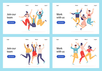 Happy people jumping set. Group of joyful people with raised hands jumping together. Positive and laughing men and women. Young funny teens guys and girls. Template for website or web landing page. .