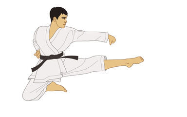 karate male in flying kick stance isolated on a white background