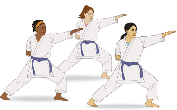 karate three females cultural diversity in kata stance isolated on a white background