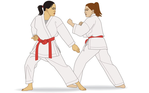 karate two females sparring stance kumite isolated on a white background