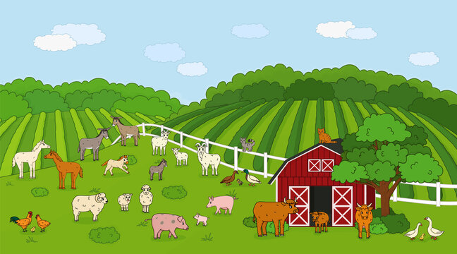 Set of cute outline vector cartoon pet animals at the countryside farm. Doodle Sheep, ram cow bull calf chicken, rooster goat mother and baby, cat pig rabbit hare, horse, fields forest, red barn house