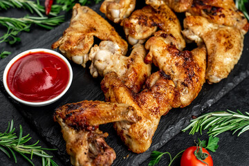 grilled chicken wings with spices on a stone background