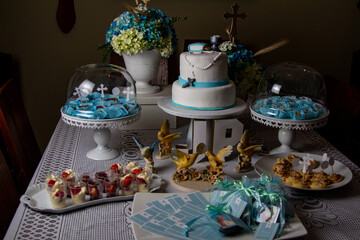 First Communion cake and dessert table