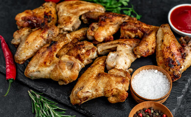 grilled chicken wings with spices on a stone background