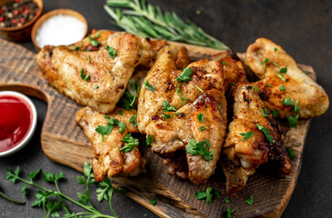 grilled chicken wings with spices on a stone background