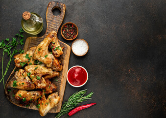 grilled chicken wings with spices on a stone background  with copy space for your text