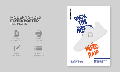 Modern shoes flyer, orange, blue and white, modern shoes poster, a4 flyer