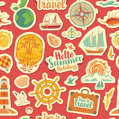 Seamless pattern on the theme of travel, vacations and summer holidays. Repeatable vector background with stickers or magnets in flat style. Set of sea summer icons on a red backdrop
