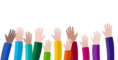Groupe de personnes levant les mains en l'air sur fond blanc - Symbole de diversité, de travail d'équipe et de motivation - 429512449