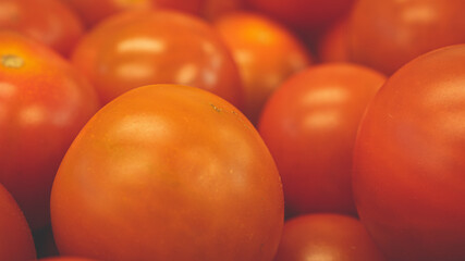 Bright red cherry tomatoes packed together in a cardboard box,  makes it look like a sea of red balls. Food processing and shipment concept photo.
