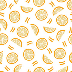 Hand drawn seamless pattern of simple orange, half orange. Doodle sketch style. Orange pattern for food shop, vegetable wallpaper, background, textile design.