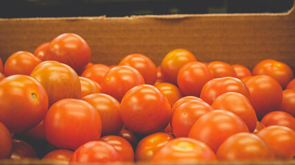 Bright red cherry tomatoes packed together in a cardboard box,  makes it look like a sea of red balls. Food processing and shipment concept photo.
