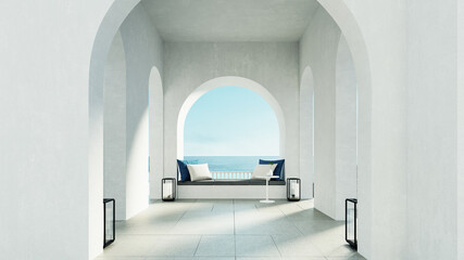 Luxury beach and Pool villa Santorini island style - 3D rendering - obrazy, fototapety, plakaty