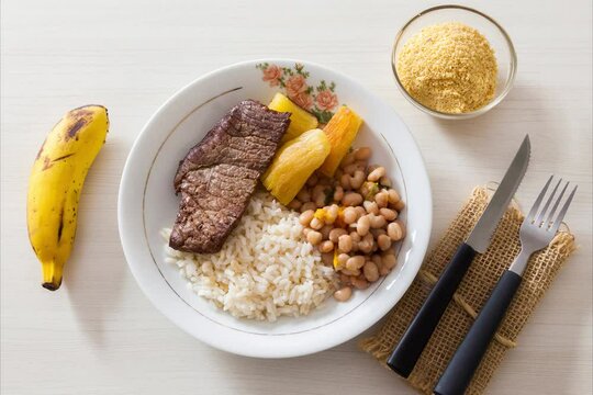 Plate of rice, beans, steak and cassava. With cutlery and manioc flour and banana for dessert. White wooden background in Brazilian kitchen copy space, top view. Food concept. Pasta concept.