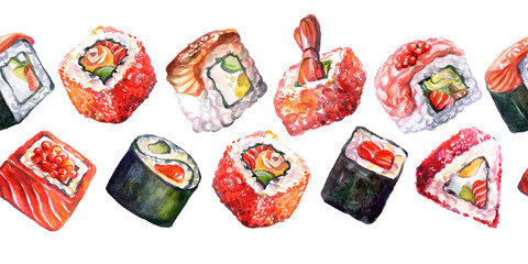 Seamless border with japanese food different rolls watercolor white