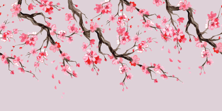 Seamless border with japanese cherry blossom branch watercolor
