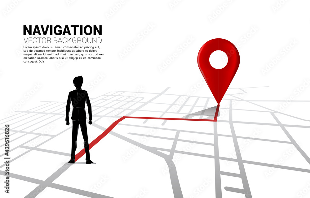 Poster route between 3d location pin markers and businessman on city road map. concept for gps navigation s